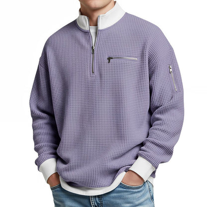 Men's textured half-zip jumper with stand collar and zipped pockets