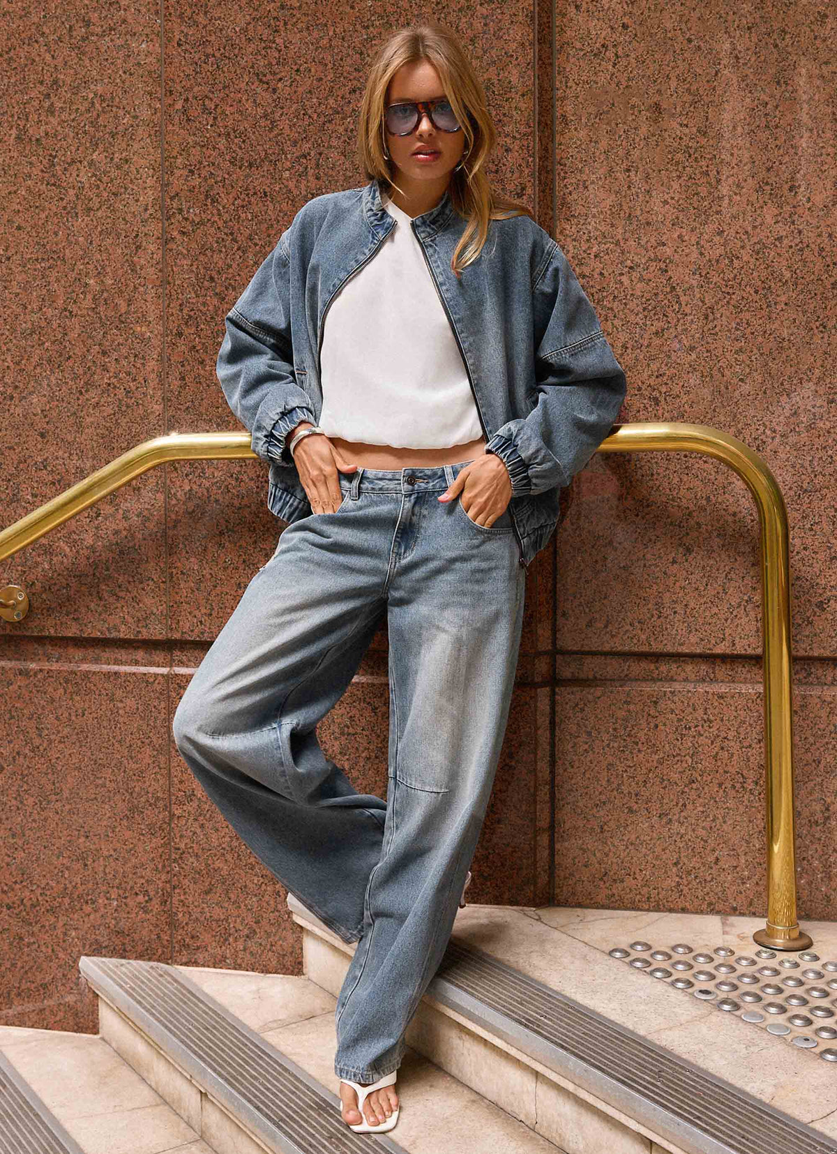 Mid-wash blue denim bomber jacket