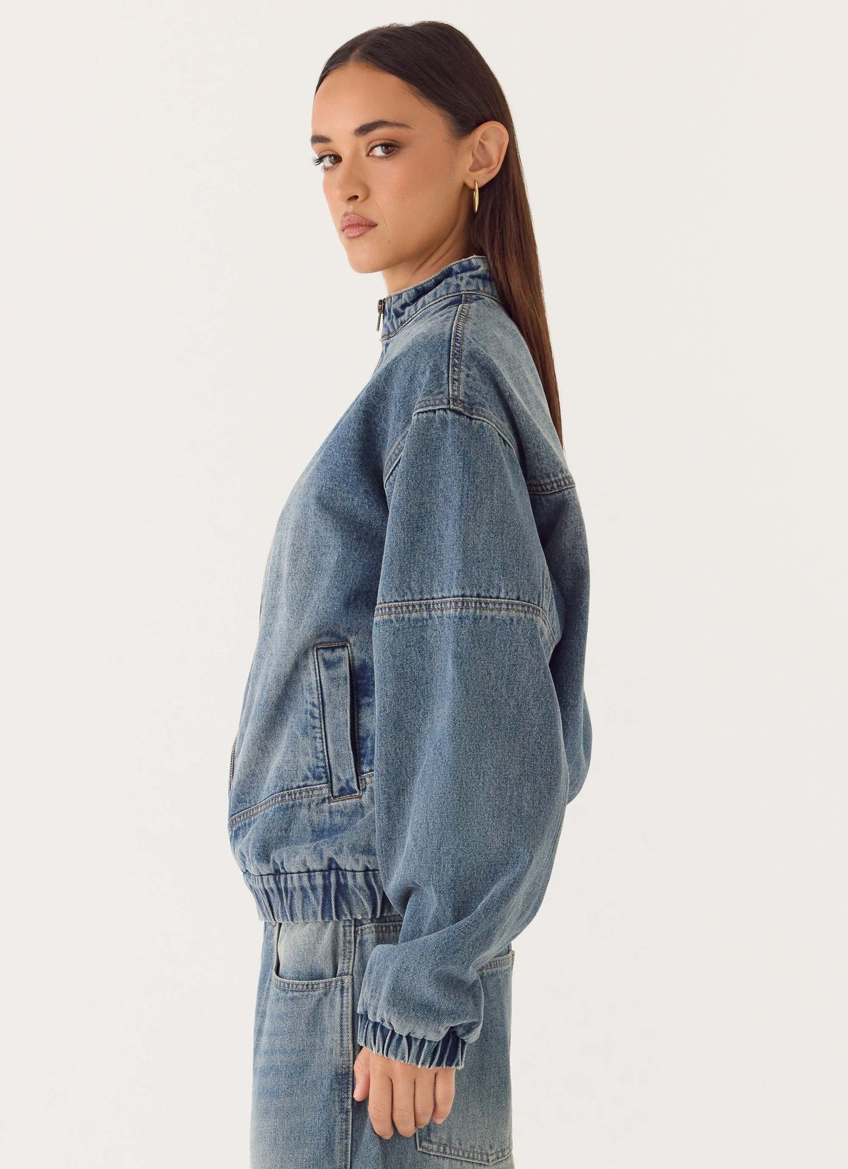 Mid-wash blue denim bomber jacket