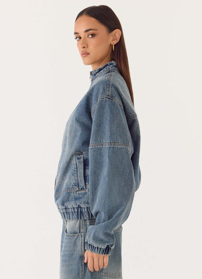 Mid-wash blue denim bomber jacket