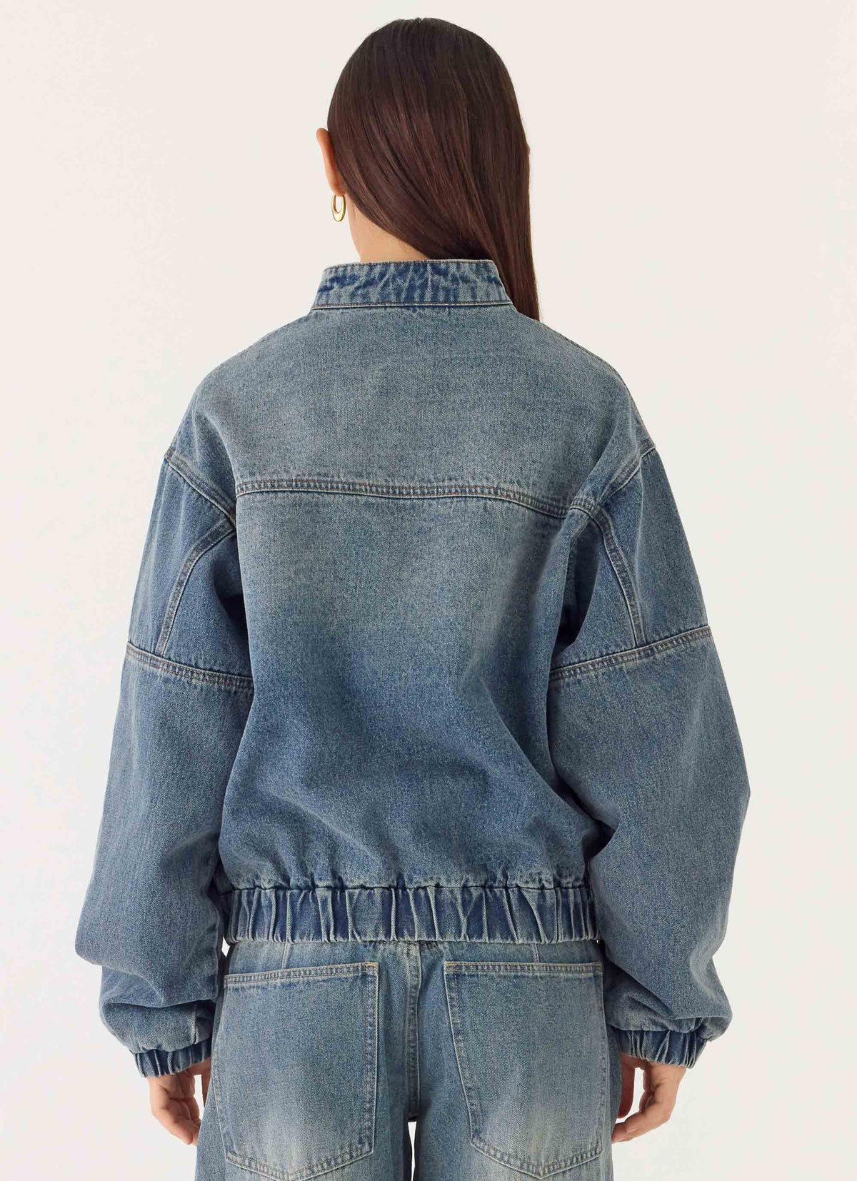 Mid-wash blue denim bomber jacket