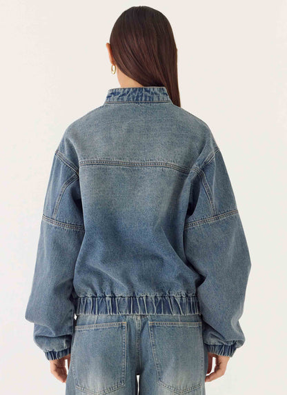 Mid-wash blue denim bomber jacket