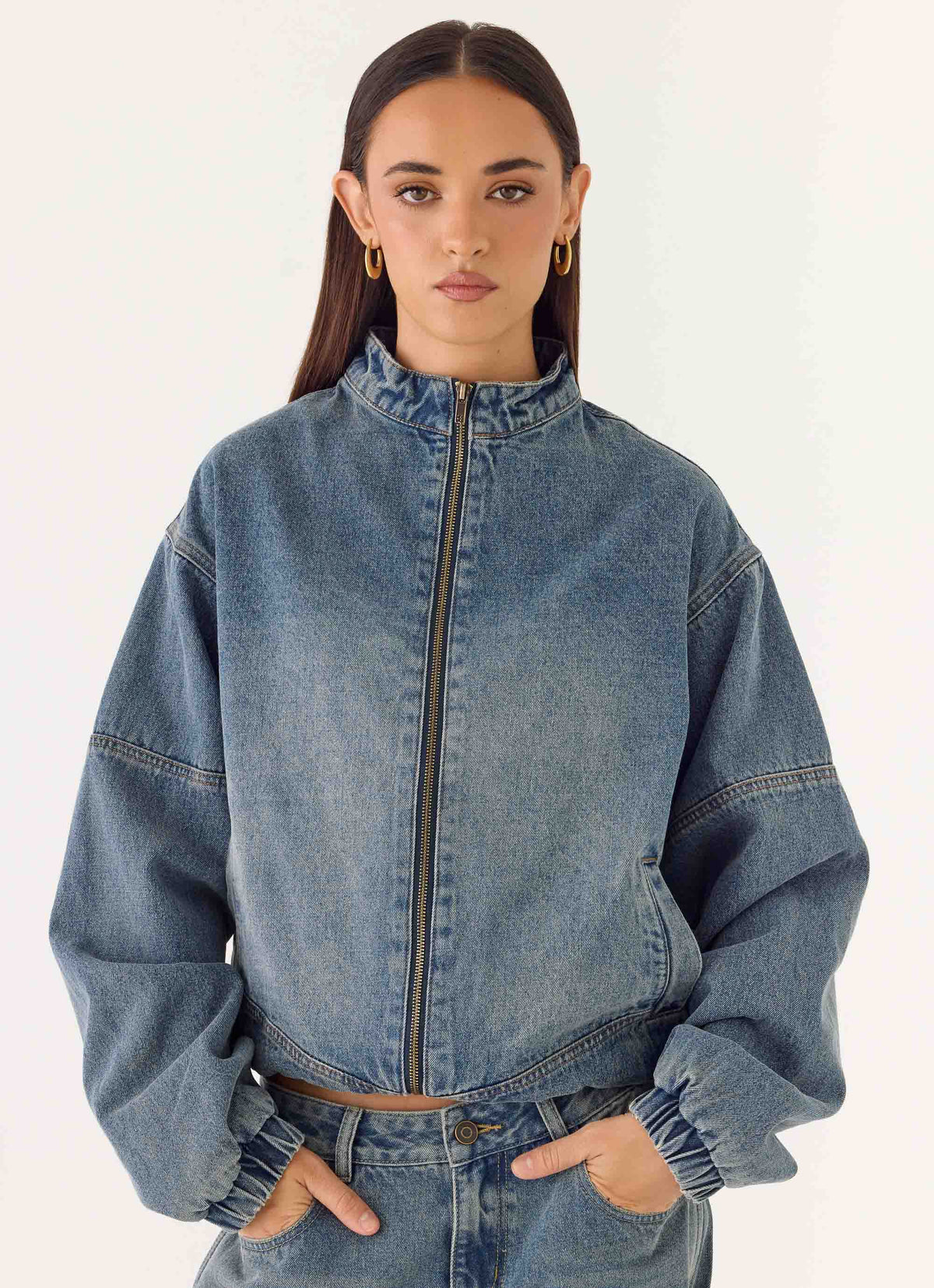 Mid-wash blue denim bomber jacket