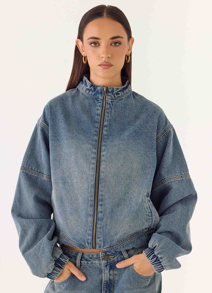 Mid-wash blue denim bomber jacket