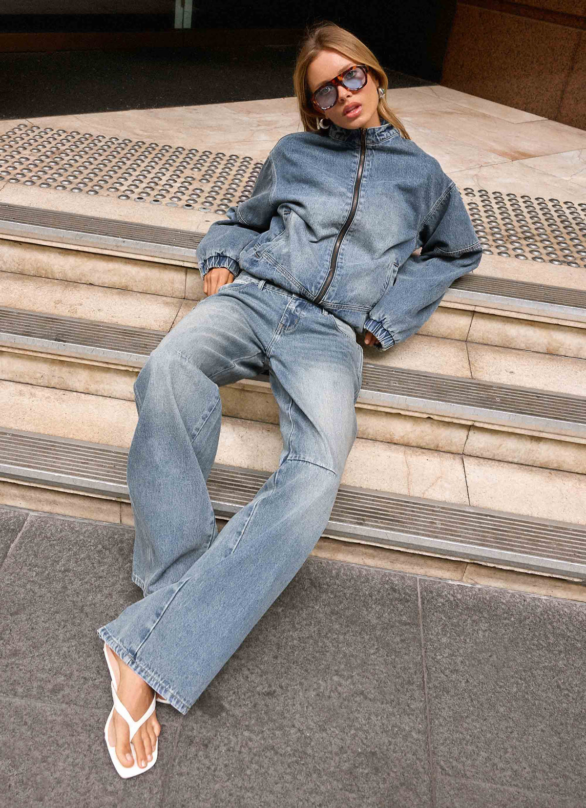 Mid-wash blue denim bomber jacket