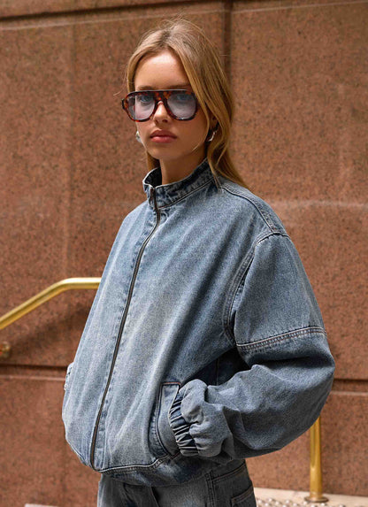 Mid-wash blue denim bomber jacket