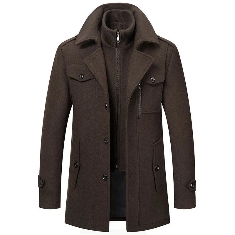 Men's long two-piece coat with high collar, lapels, pockets and long sleeves
