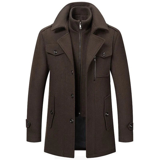 Men's long two-piece coat with high collar, lapels, pockets and long sleeves