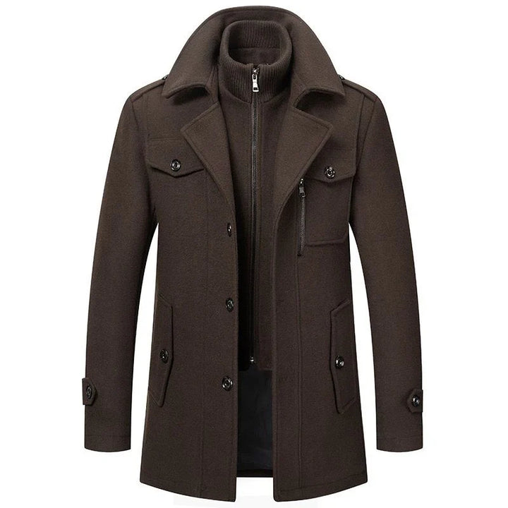 Men's long two-piece coat with high collar, lapels, pockets and long sleeves