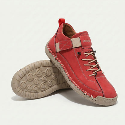 High-top lace-up sneakers with elastic ankle straps and textured flat soles