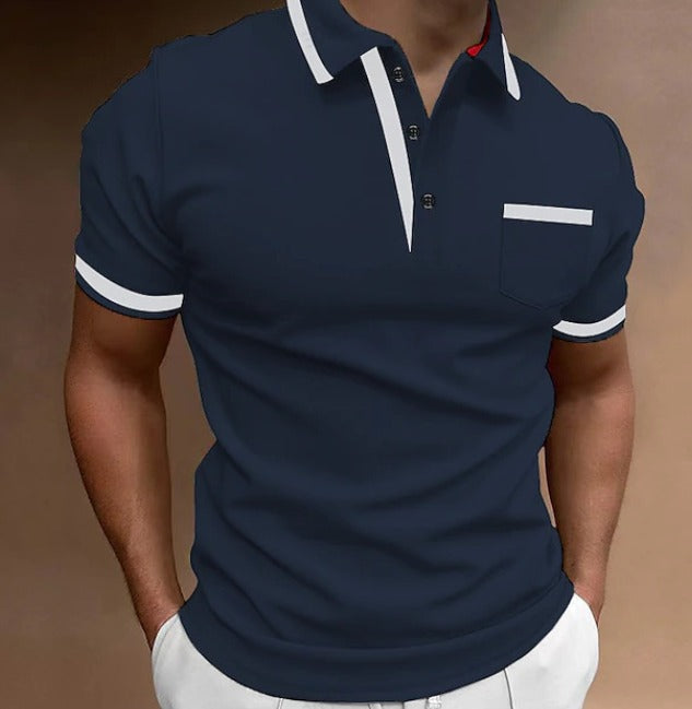 Men's white polo shirt with black contrast collar and sleeve trim