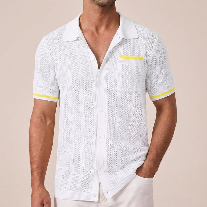 Men's Short Sleeve Openwork Shirt, Camp Collar Button-Front Casual Summer Shirt with Contrast Tips