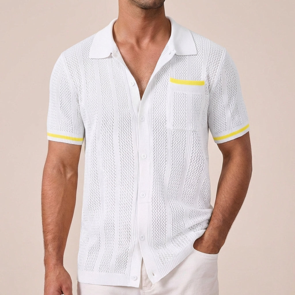 Men's Camp Collar Shirt, Openwork Knit, Contrast Stripe