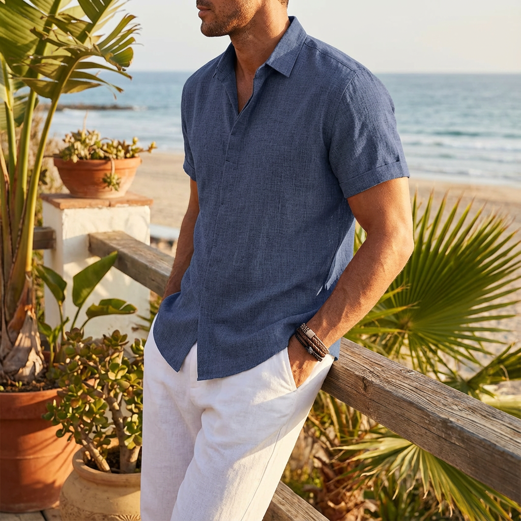 Men's Short Sleeve Shirt, Button Up Relaxed Fit Solid Colour Casual Summer Shirt