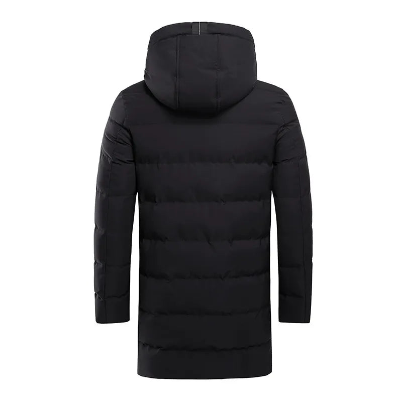 Men's long quilted hooded winter coat with zip fastening and pockets