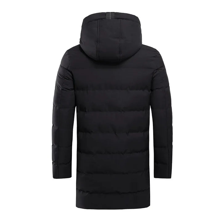 Men's long quilted hooded winter coat with zip fastening and pockets