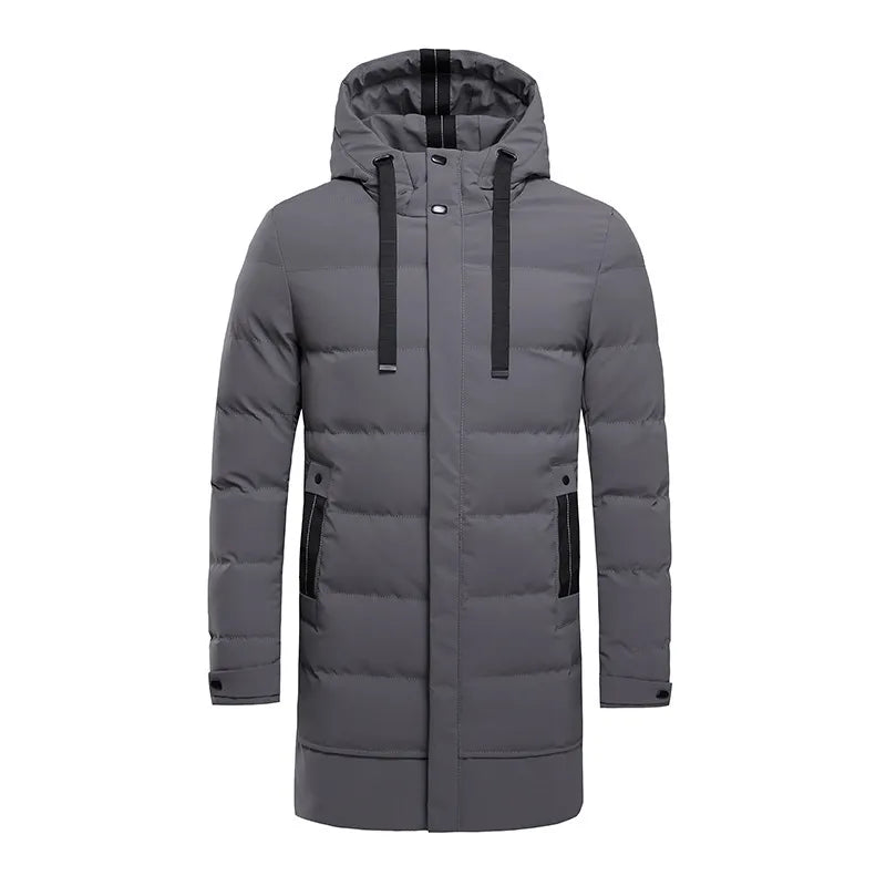Men's long quilted hooded winter coat with zip fastening and pockets