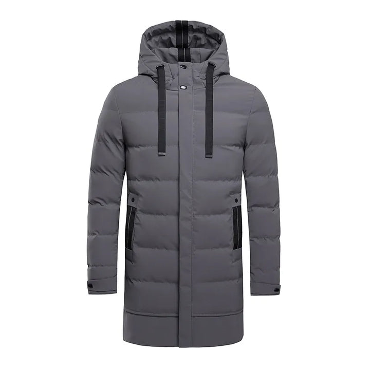 Men's long quilted hooded winter coat with zip fastening and pockets