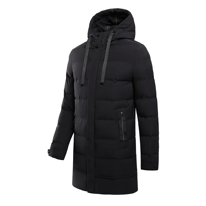 Men's long quilted hooded winter coat with zip fastening and pockets