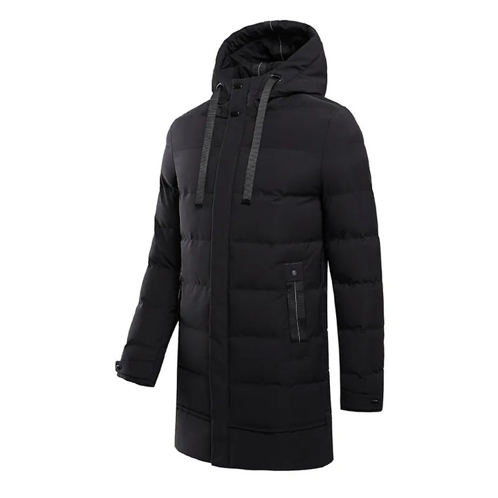 Men's long quilted hooded winter coat with zip fastening and pockets