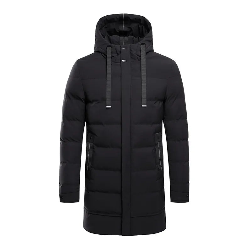 Men's long quilted hooded winter coat with zip fastening and pockets