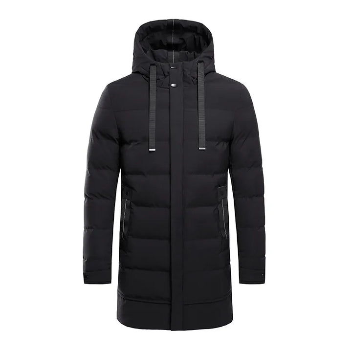 Men's long quilted hooded winter coat with zip fastening and pockets