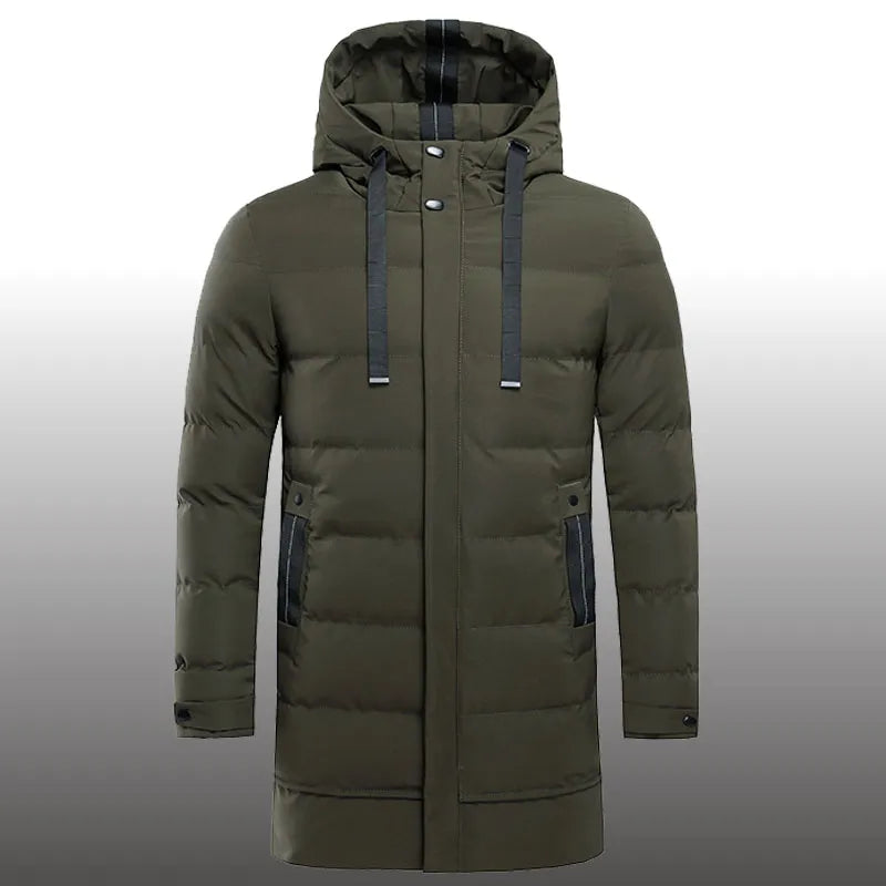 Men's long quilted hooded winter coat with zip fastening and pockets