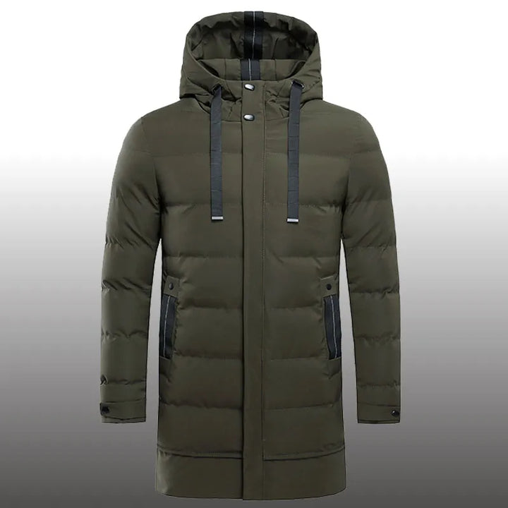 Men's long quilted hooded winter coat with zip fastening and pockets