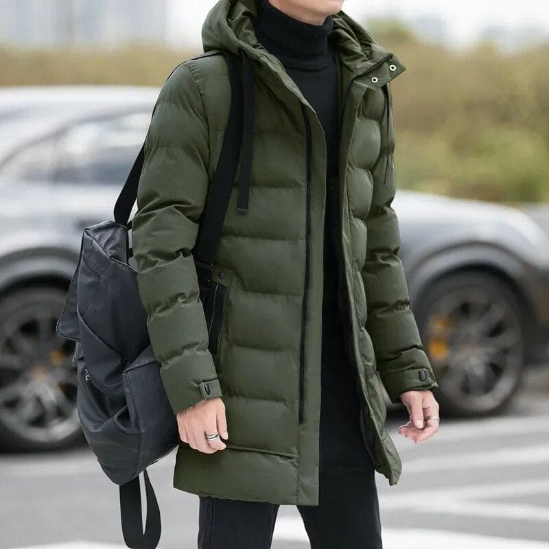 Men's long quilted hooded winter coat with zip fastening and pockets