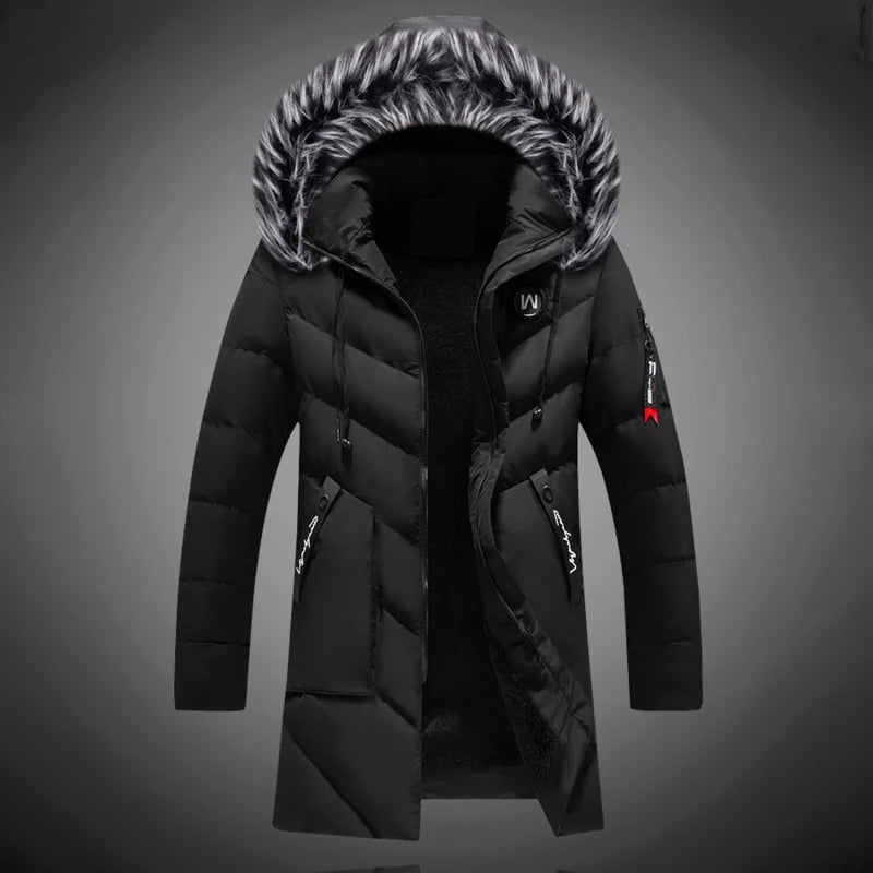 Men's long padded hooded coat with textured trim and zip pockets