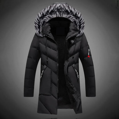 Men's long padded hooded coat with textured trim and zip pockets