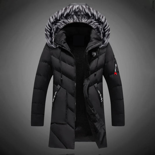 Men's long padded hooded coat with textured trim and zip pockets