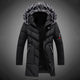 Men's long padded hooded coat with textured trim and zip pockets