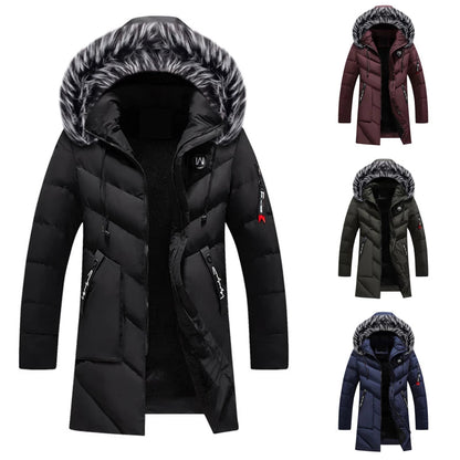 Men's long padded hooded coat with textured trim and zip pockets