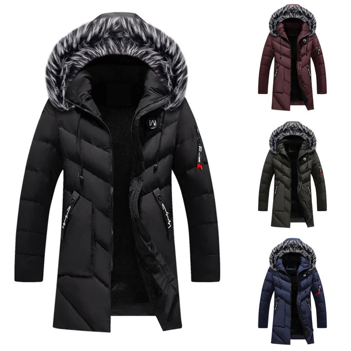 Men's long padded hooded coat with textured trim and zip pockets
