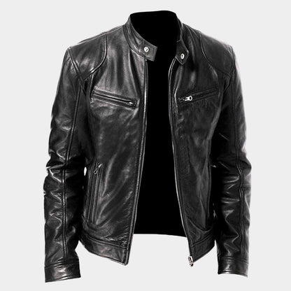 Men's leather-style bomber jacket with stand collar and zipped pockets
