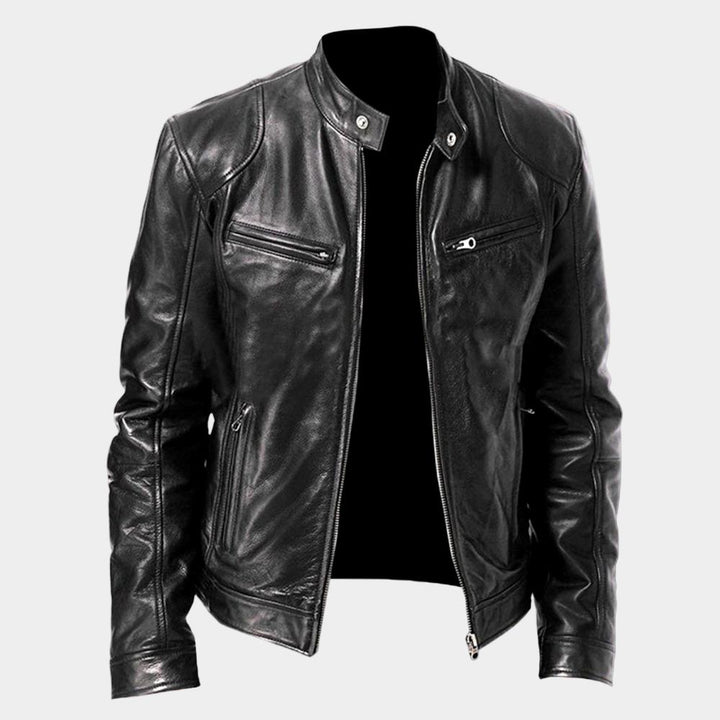 Men's leather-style bomber jacket with stand collar and zipped pockets
