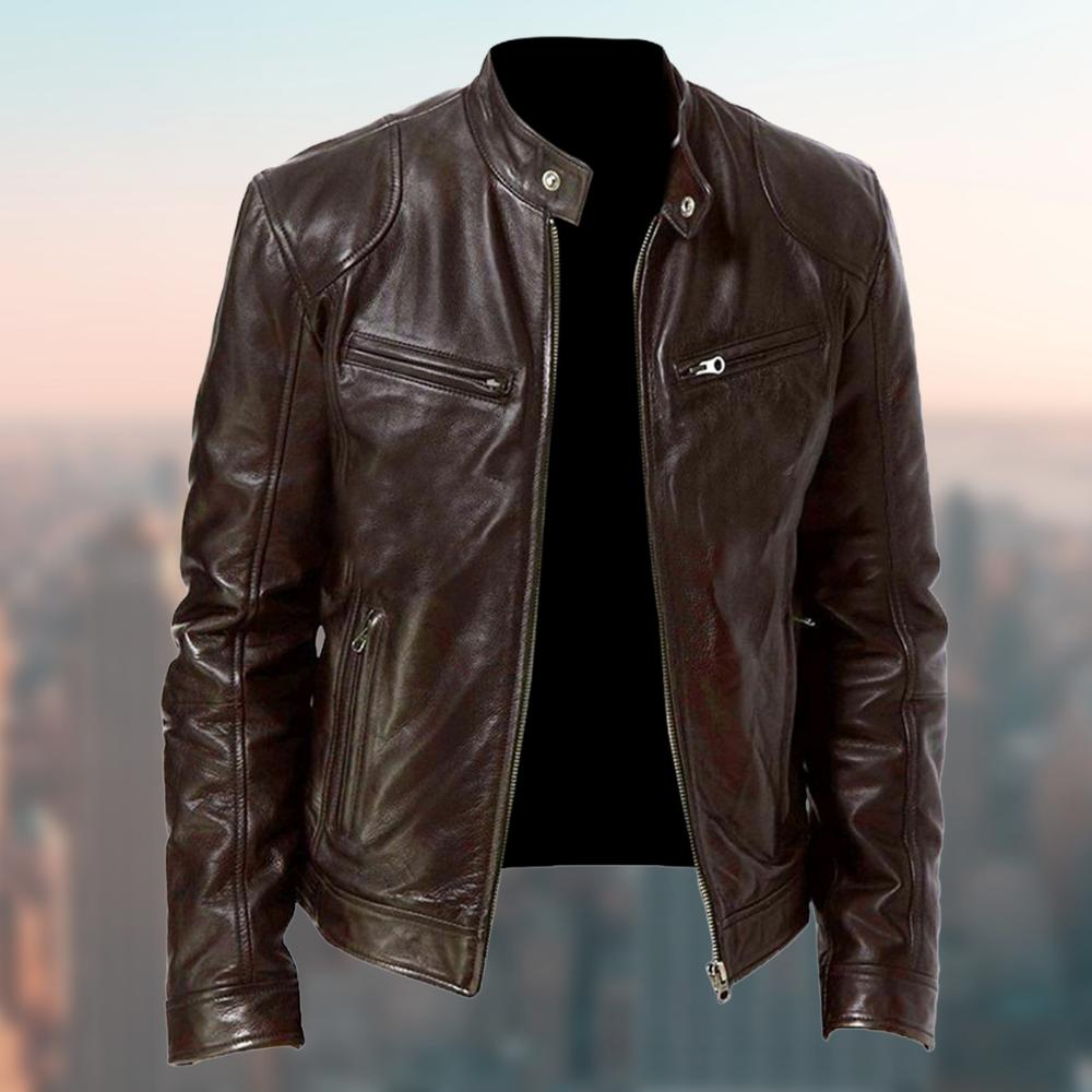 Men's leather-style bomber jacket with stand collar and zipped pockets