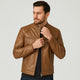 Men's leather-style bomber jacket with stand collar and zipped pockets