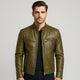 Men's leather-style bomber jacket with stand collar and zipped pockets