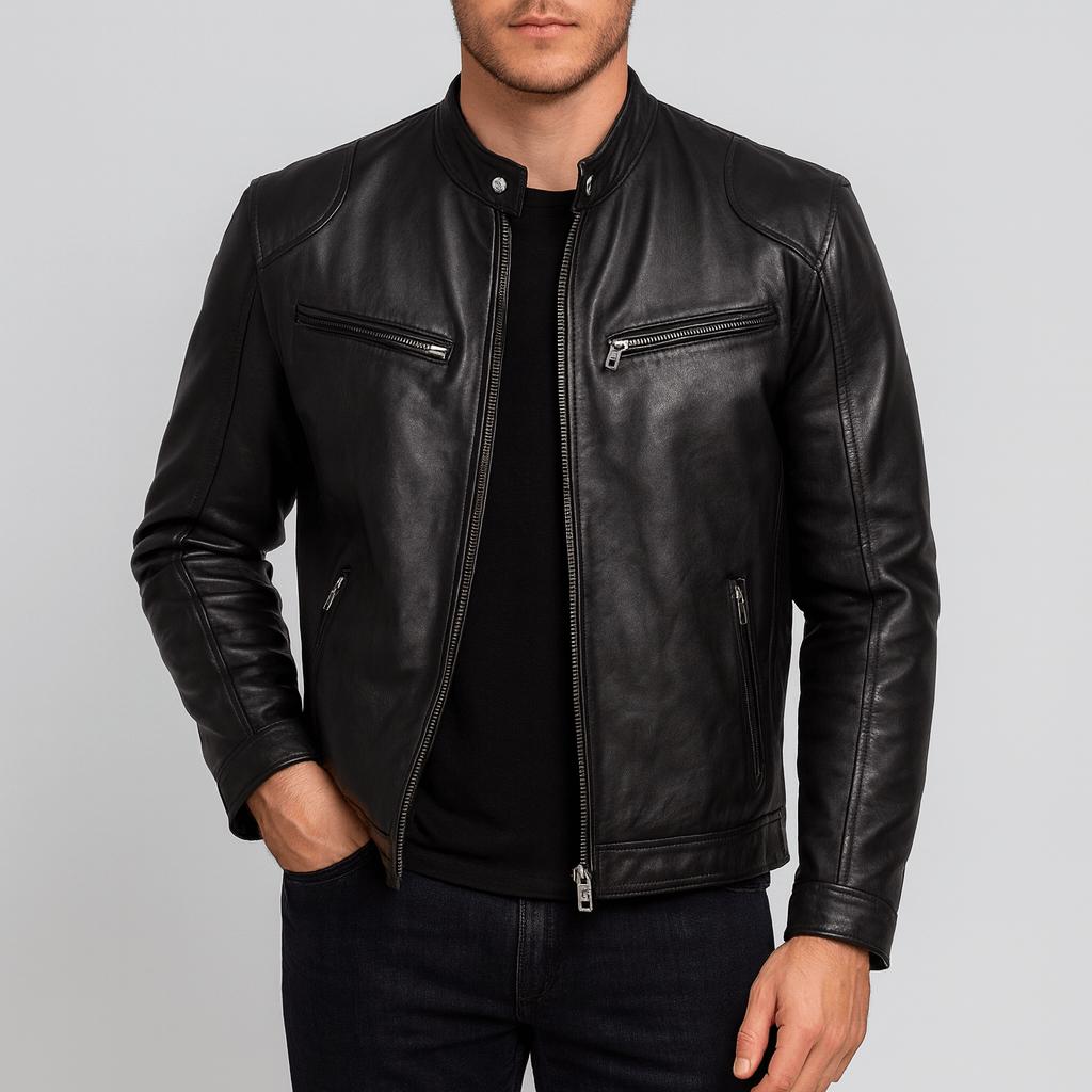 Men's leather-style bomber jacket with stand collar and zipped pockets