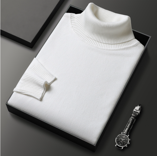 Solid ribbed turtleneck sweater folded in a presentation box