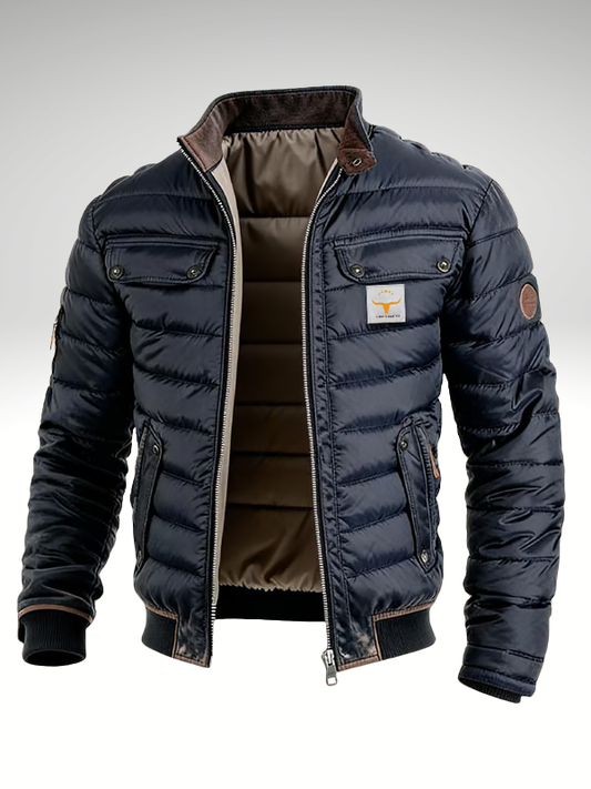 Men's navy quilted puffer jacket with mock collar and front pockets