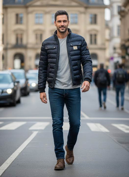 Men's navy quilted puffer jacket with mock collar and front pockets