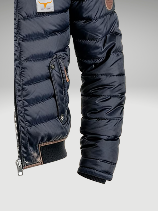 Men's navy quilted puffer jacket with mock collar and front pockets