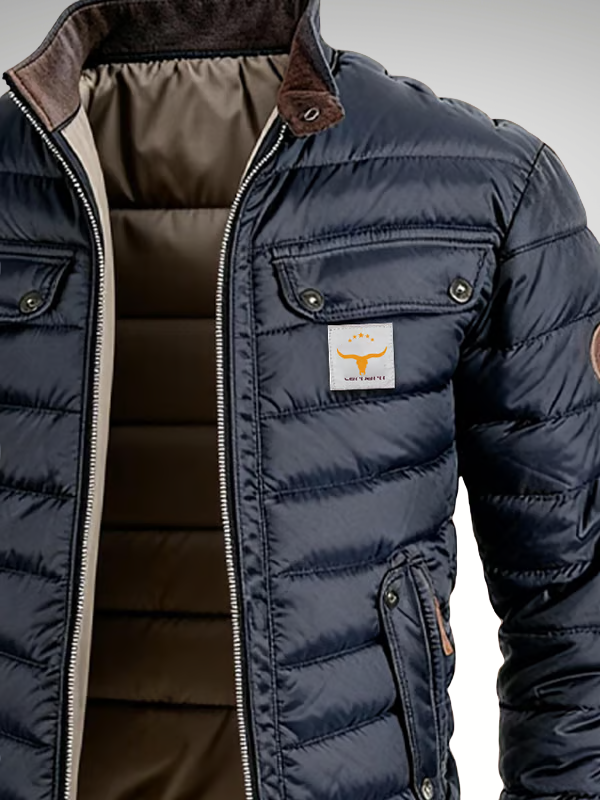 Men's navy quilted puffer jacket with mock collar and front pockets