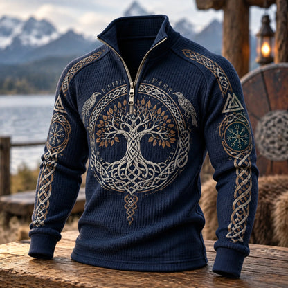 Men's navy quarter-zip jumper with Viking tree and knotwork graphics