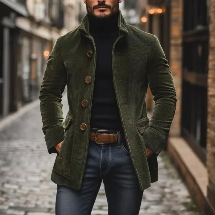 Men's textured mid-length button coat with stand collar and side pockets