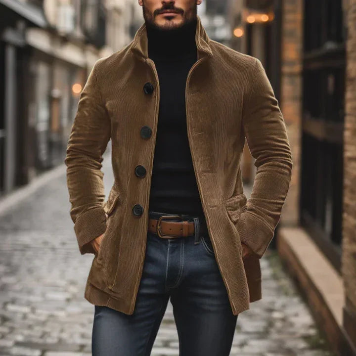 Men's textured mid-length button coat with stand collar and side pockets
