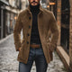 Men's textured mid-length button coat with stand collar and side pockets